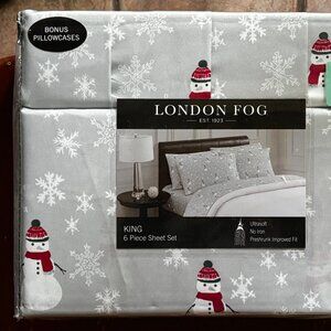 6-pc London Fog KING SIZE SNOWMAN Sheet Set (2 extra pillowcases) SNOWFLAKES